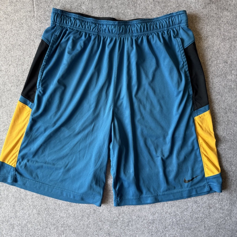 Nike Dri-FIT Mens Blue Yellow Colorblock Basketball Shorts Large 9.5" Inseam